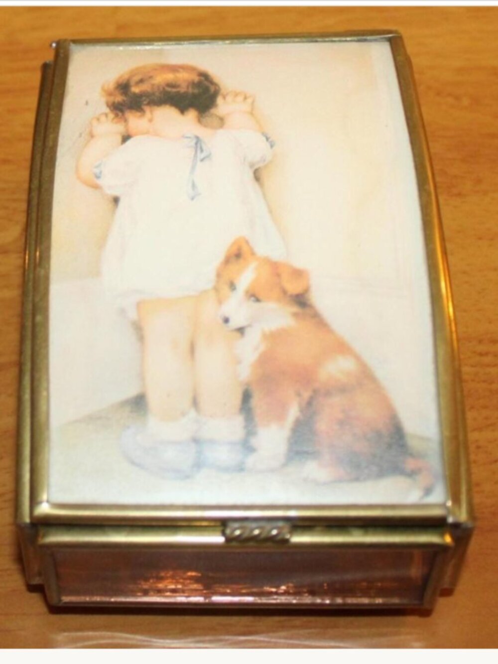 Vintage Bessie Pease Gutmann In Disgrace Domed Glass & Brass Trinket Box